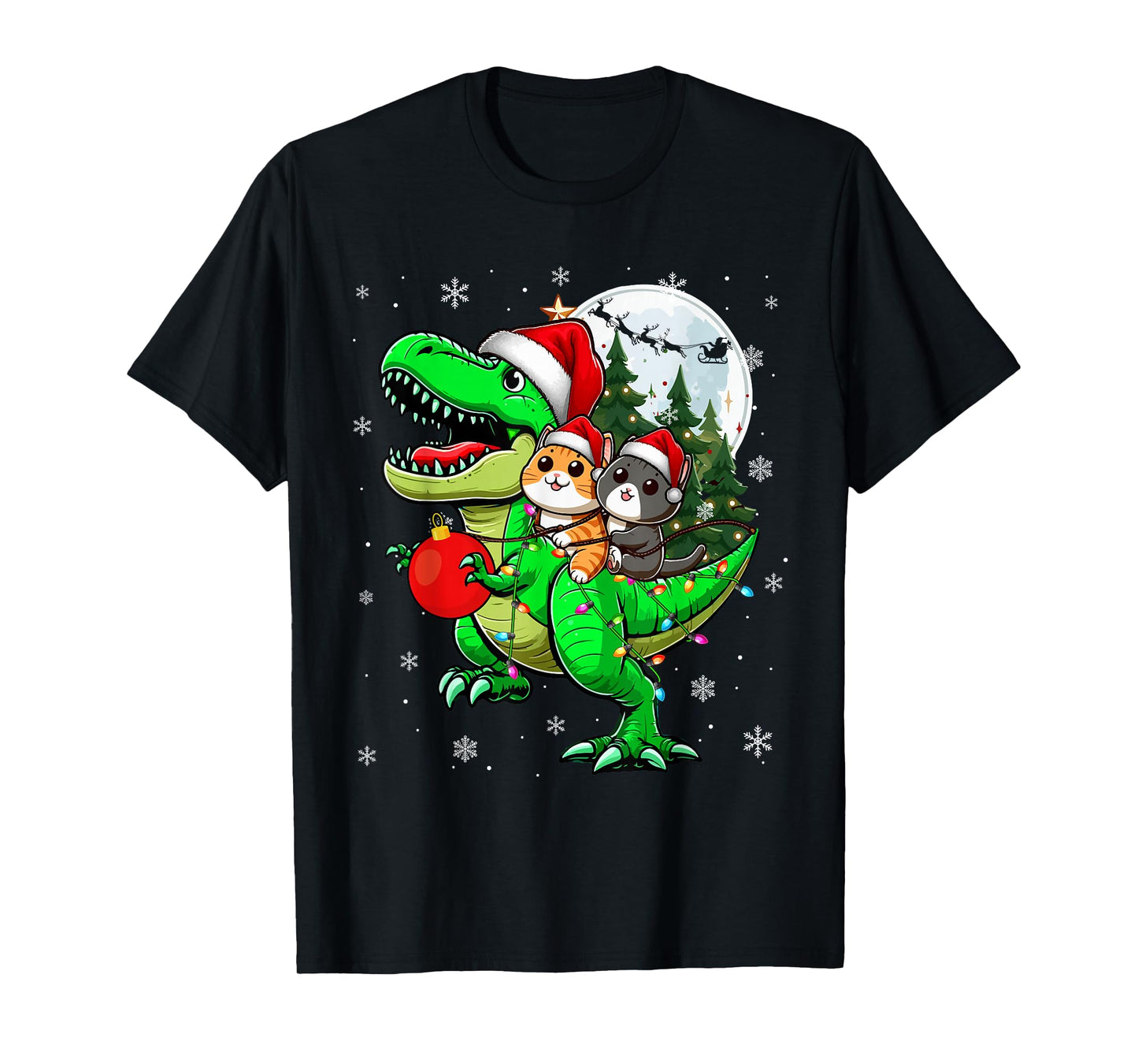 Two Xmas Cats Riding T-Rex Reindeer Lover Kids T-Shirt