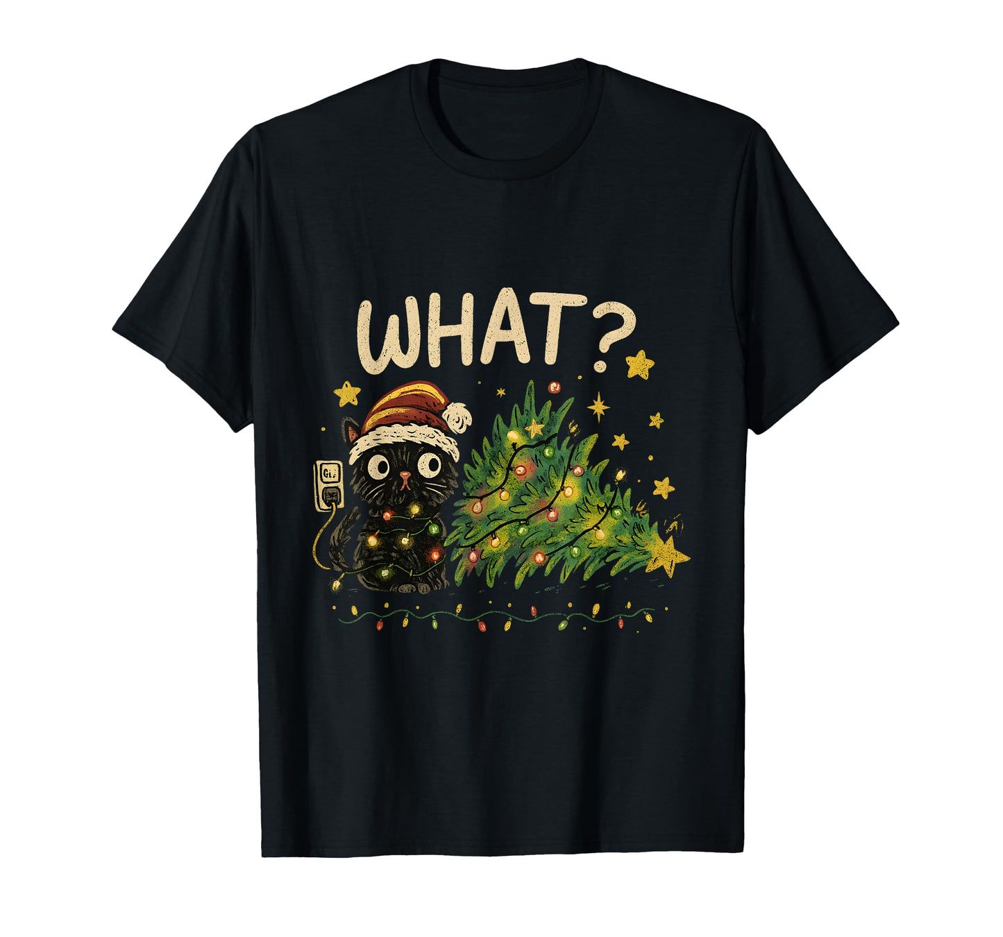 Funny Cat with Christmas Lights and Fallen Tree Art T-Shirt