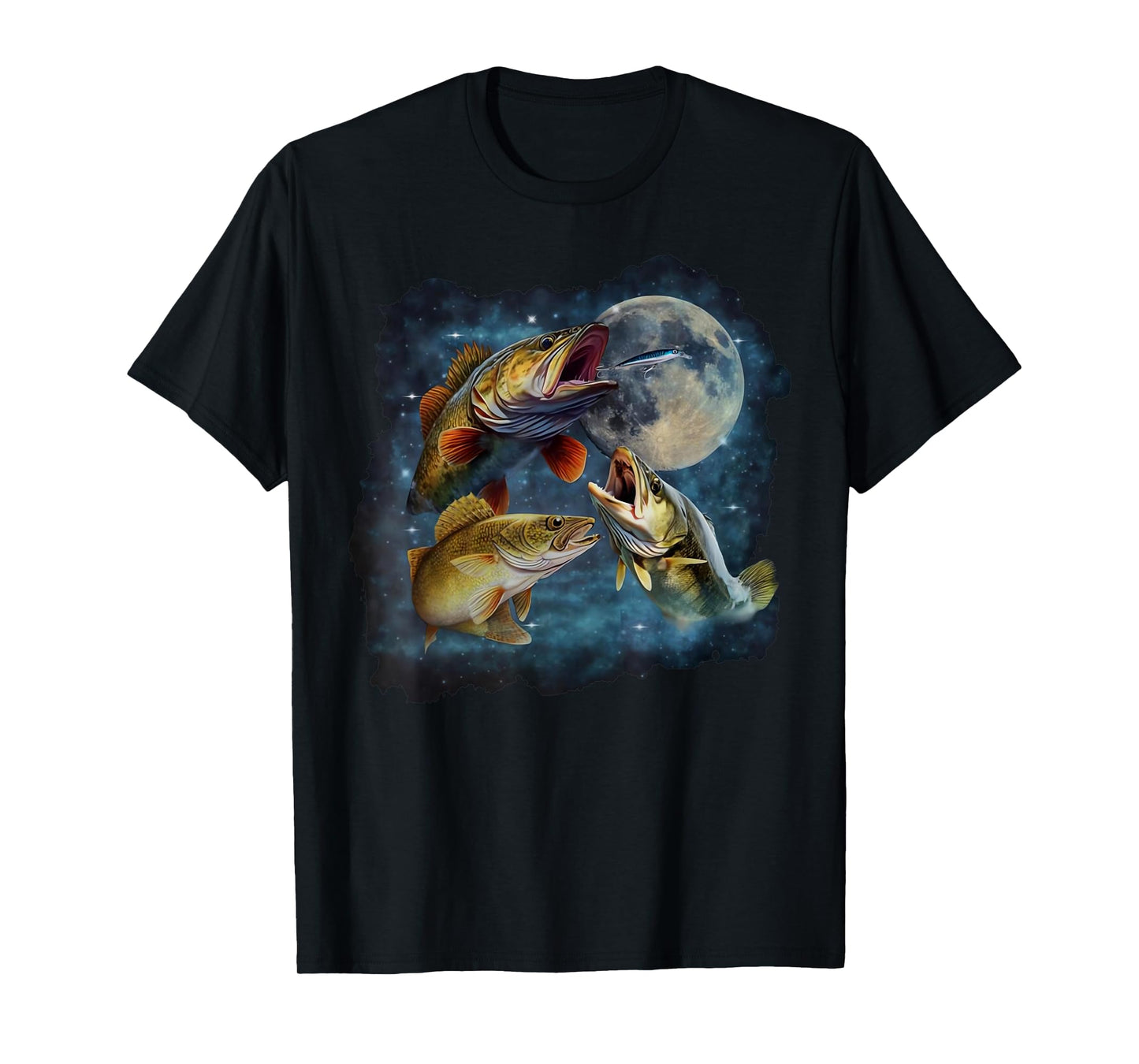 Three Walleye Howling The Moon Vintage 90s Walleye Fishing T-Shirt