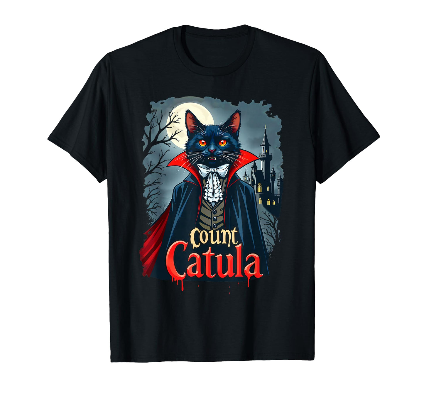 Count Catula Dracula Spooky Horror Vampire Cat Halloween T-Shirt