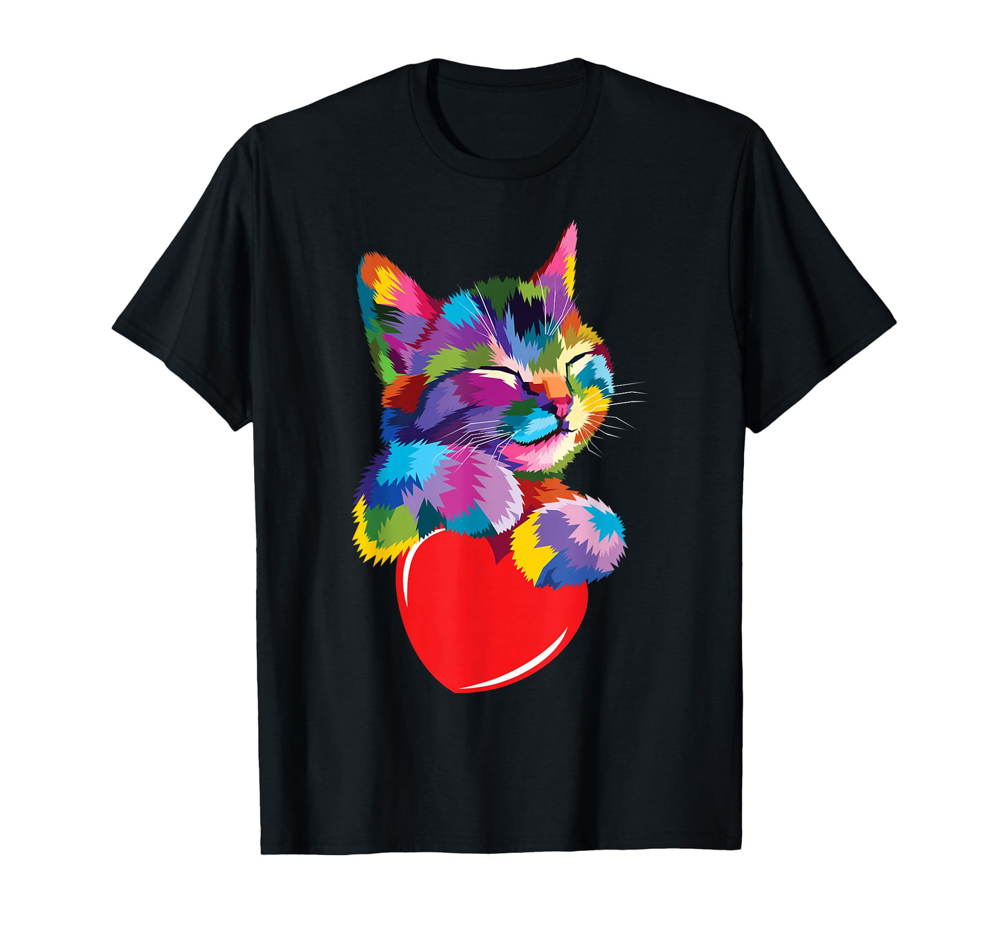 Color Critters Rainbow Cute Cat Hugging Valentine Heart Kitty Love Cat Unisex Adult Multicolor Cotton 65% Polyester 35% Short Sleeve T-Shirt