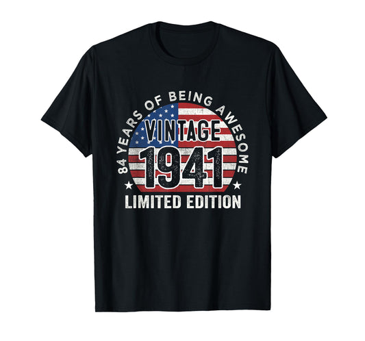 84th Birthday Gifts Men Vintage 1941 84 Years Old USA Flag T-Shirt