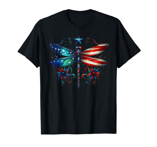 American Flag Dragonfly Patriotic 4th of July Red White Blue T-Shirt