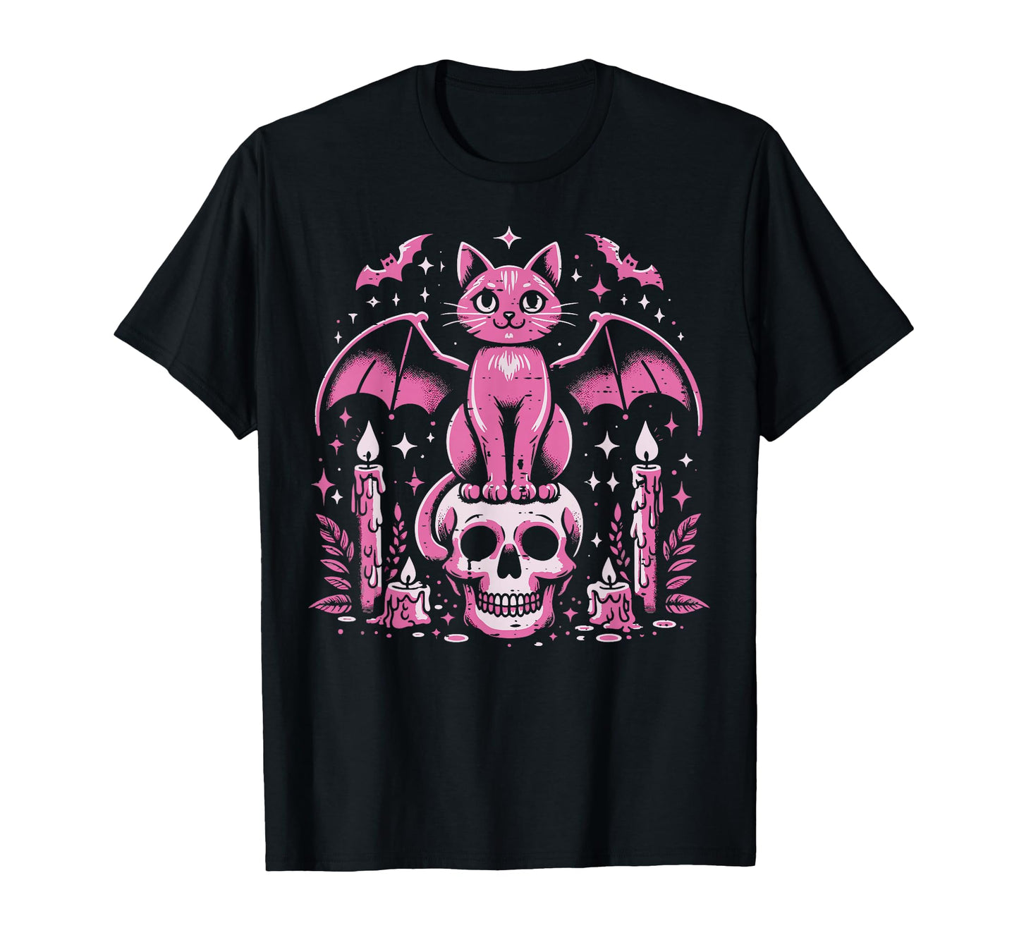 Cat Bat On Skull Halloween Costume Goth Women Girls Kids T-Shirt