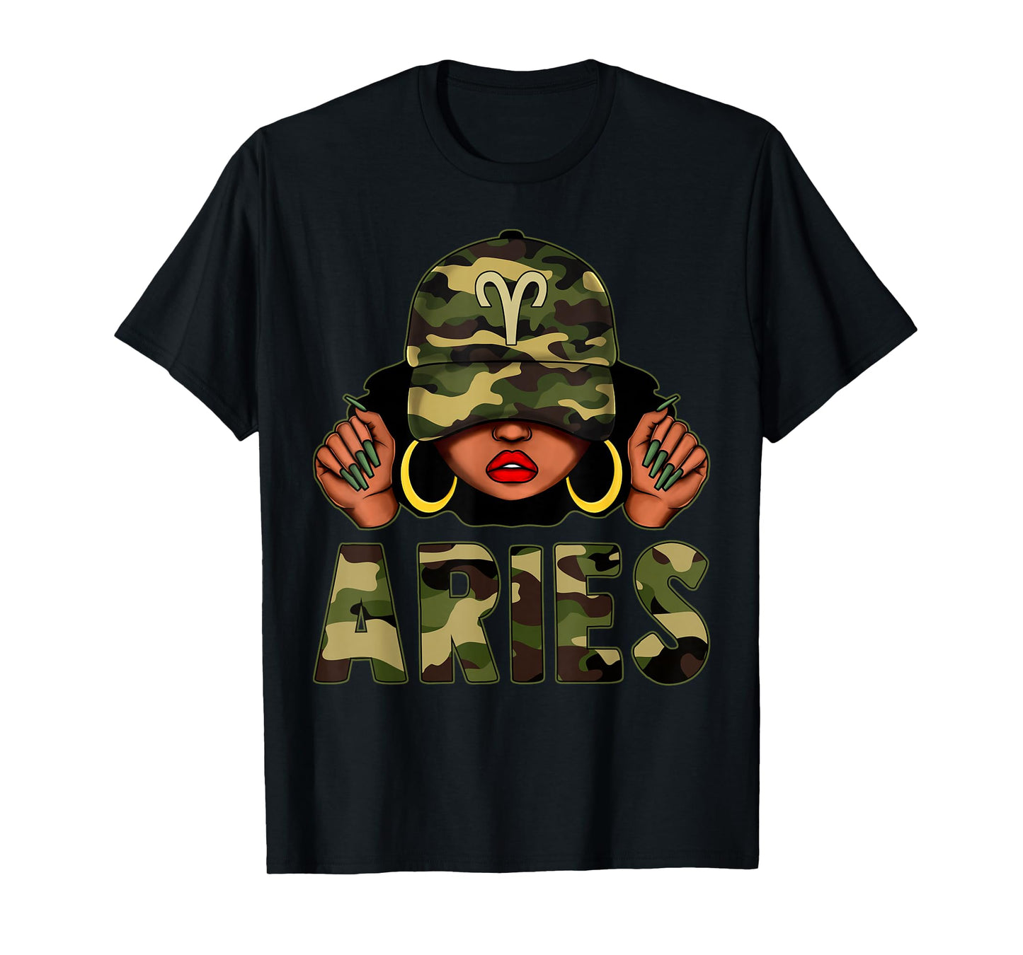 Aries Queen Black Woman With Cap Camo Afro Girl Zodiac T-Shirt