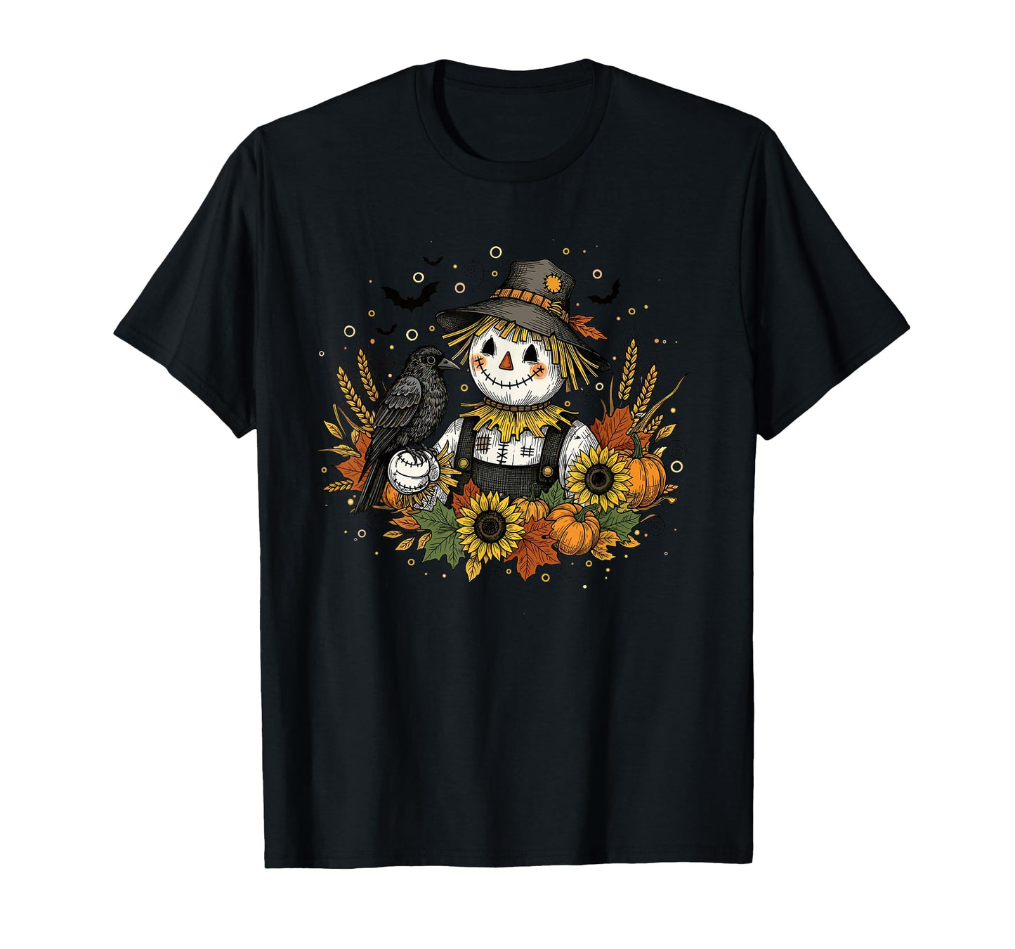 Cute Autumn Scarecrow with Sunflowers and Crow Art T-Shirt