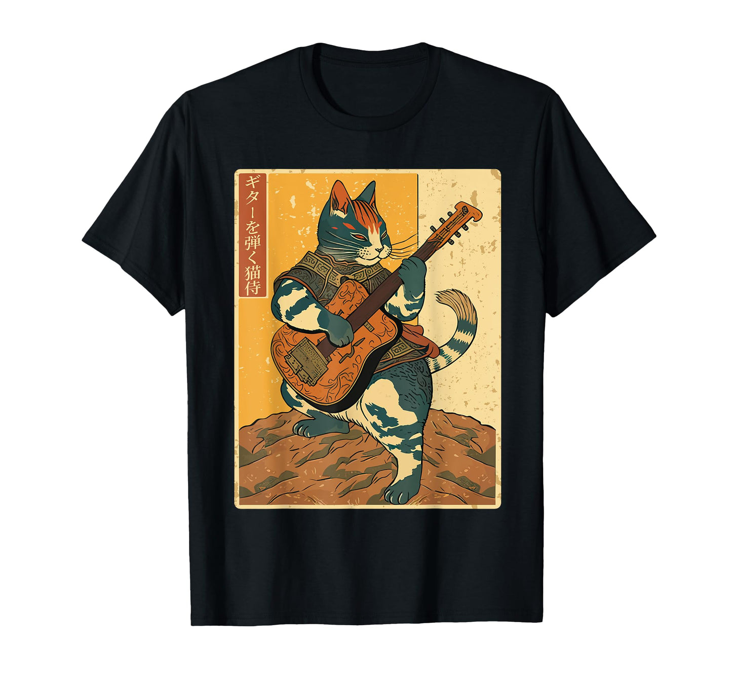 Japanese Samurai Cat Playing The Electric Guitar Men Women T-Shirt