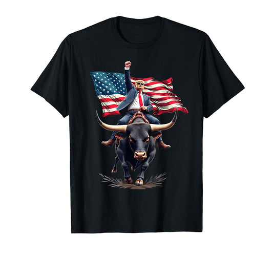 Trump 2024 Fist Pump Trump Riding Bull USA Flag T-Shirt