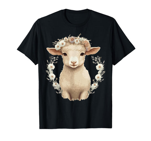 Cute Lamb Flower Crown Sheep Baby Floral Farm Animal Pet T-Shirt