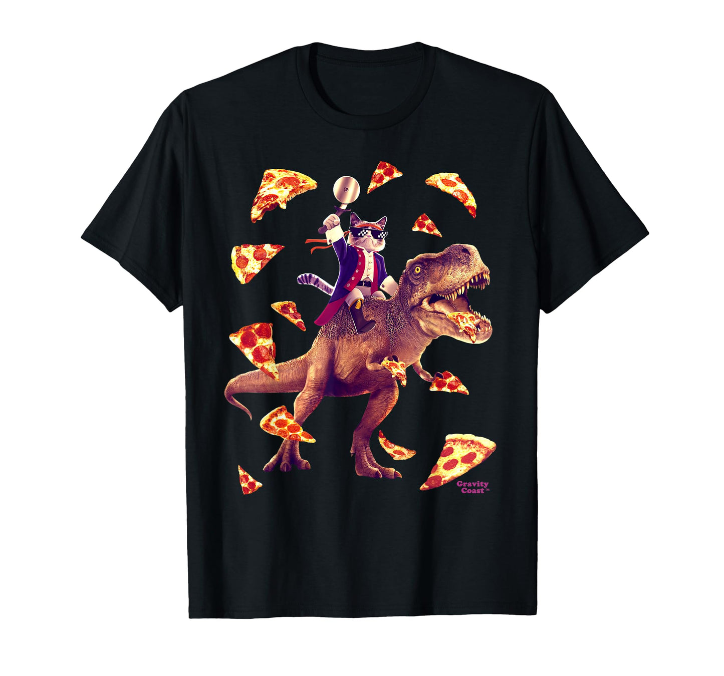 Samurai Cat Riding T Rex Eating Pizza Funny Dino for Kids T-Shirt