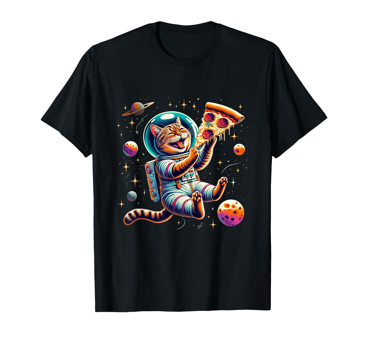 Funny Cat eating Pizza in space kitty Galaxy T-Shirt for Men Women Kids