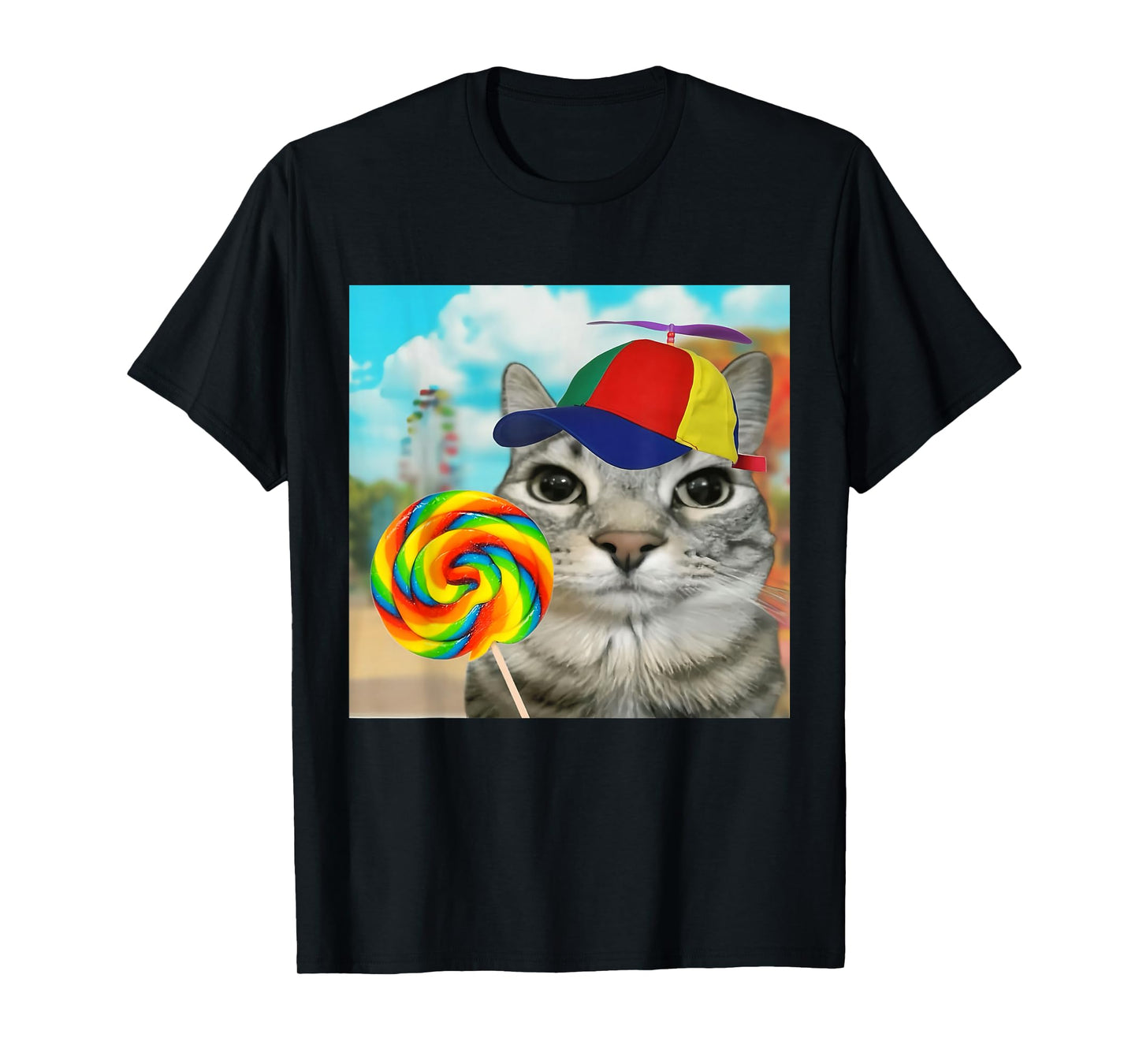 Cat Holding Candy Lollipop Funny Propeller Kitten Meme Joke T-Shirt