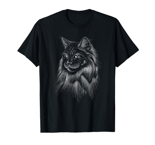 Artistic Domestic Long Haired Cat Cute Hand Drawn Animal Gif Men Women Kids T-Shirt