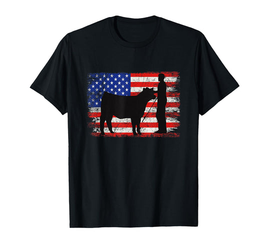 Cattle American Patriotic USA Flag - Fun Cattle Show T-Shirt