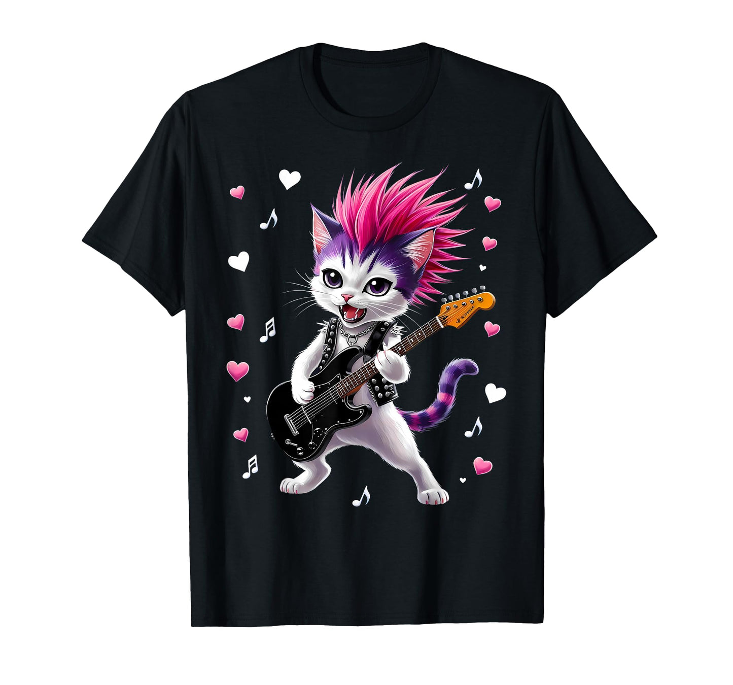 Cute Punk Cat, Rock'n Roll Guitar Cat, Guitar Band Funny T-Shirt