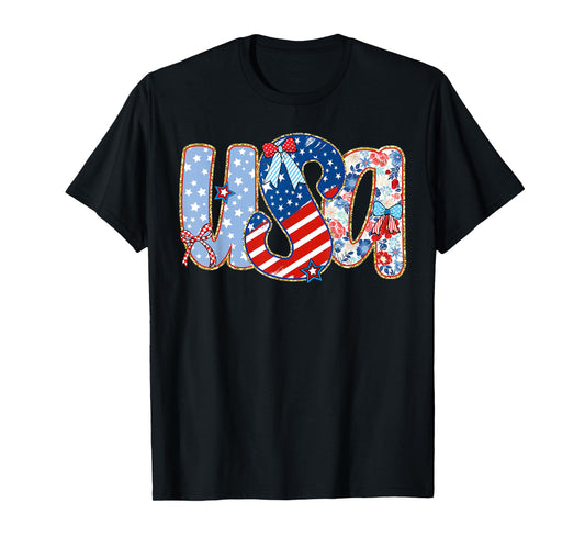 USA Flag 4th Of July Coquette Bow Floral Patriotic Girl T-Shirt
