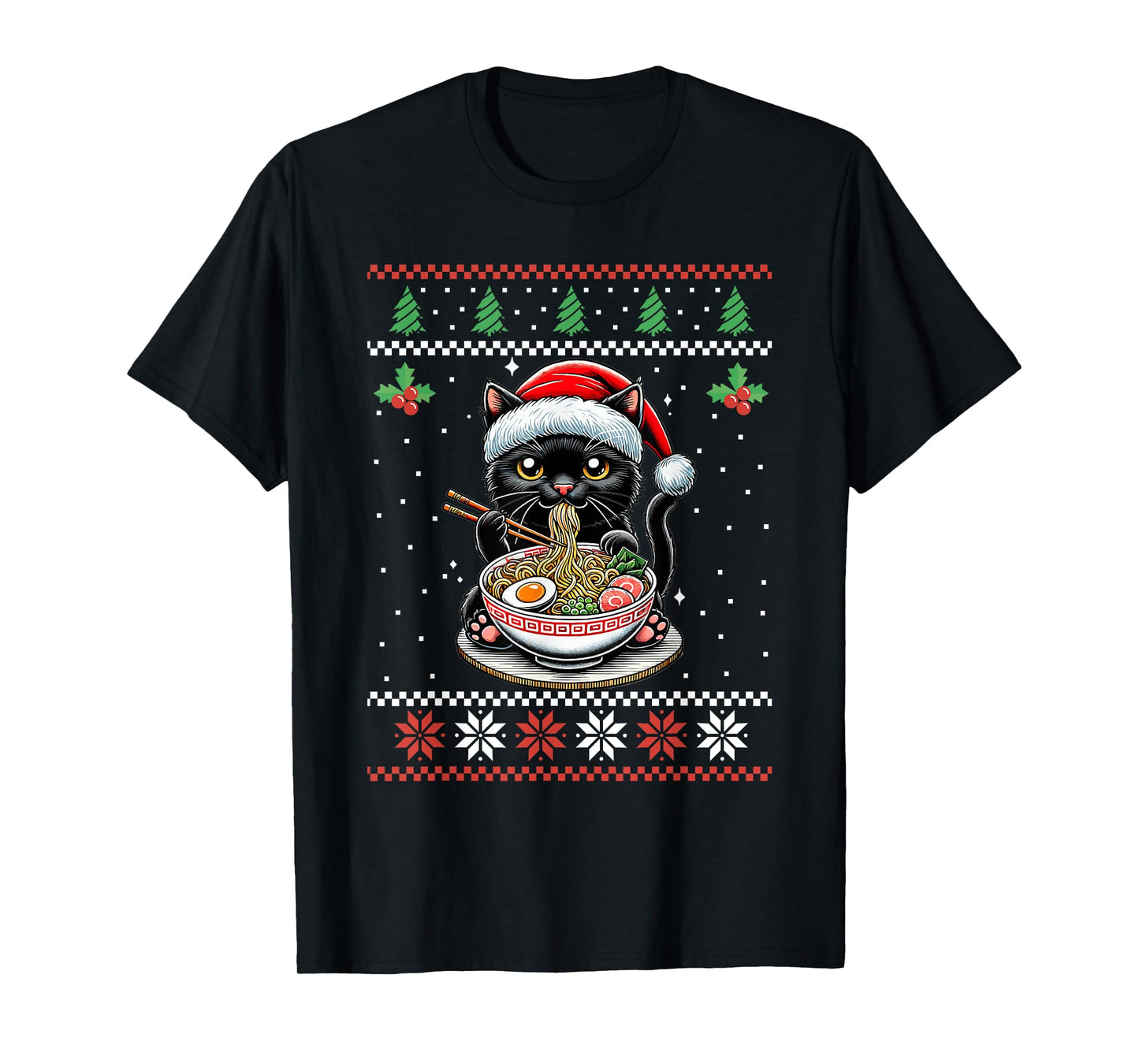 Cat Ramen Japanese Ugly Christmas Sweater Kitten Xmas T-Shirt