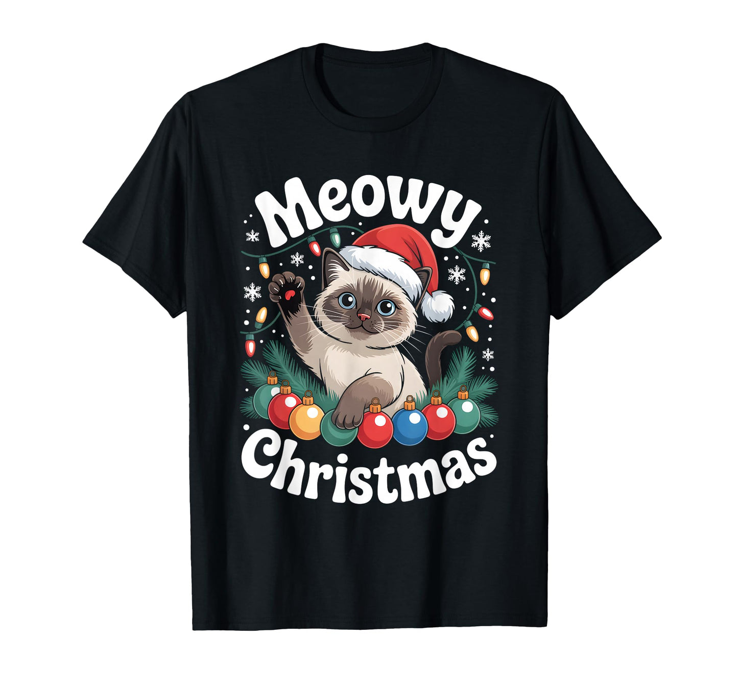 Siamese Cat Meowy Christmas Cute Santa Hat Holiday Funny T-Shirt