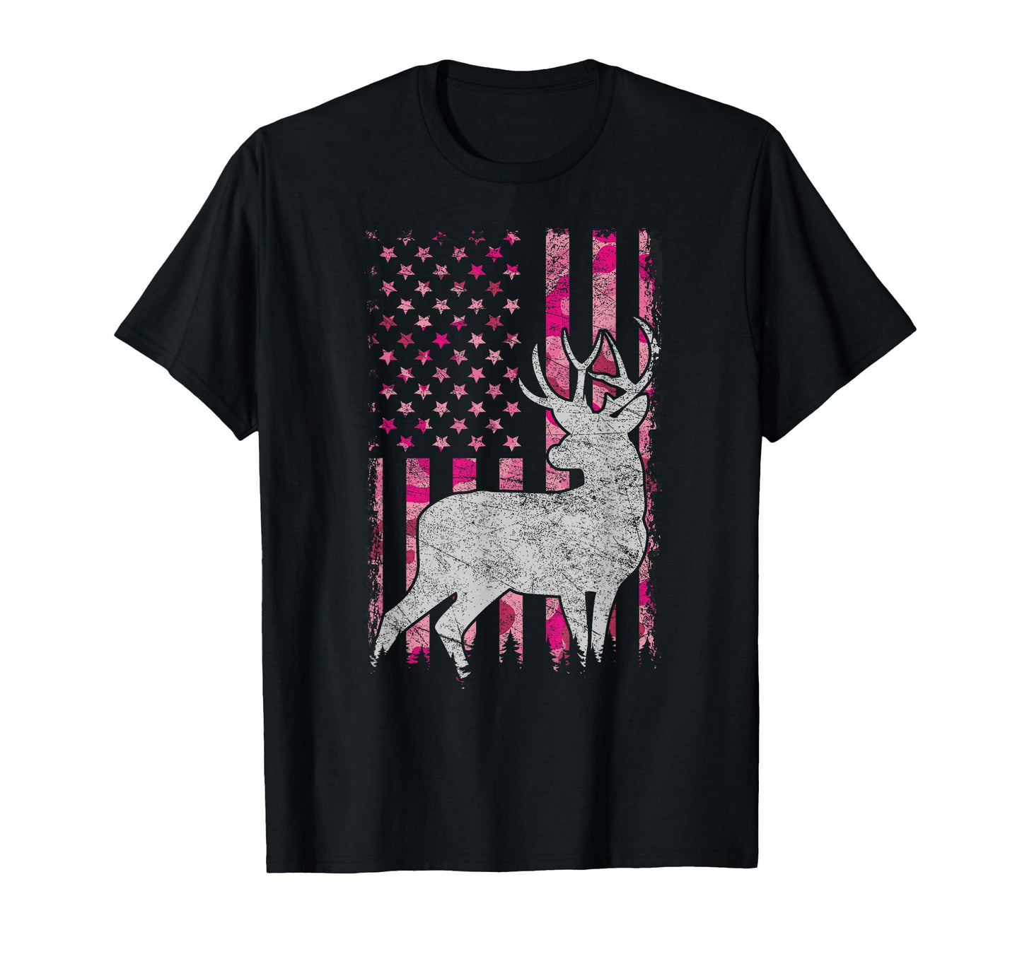 Women Girls Patriotic Pink Camo USA Flag Deer Hunter T-Shirt