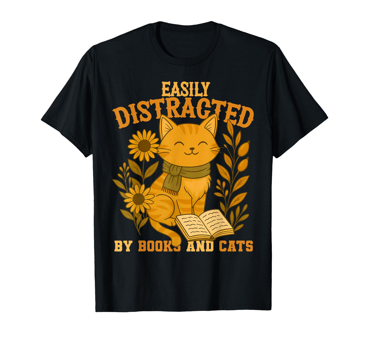 Easily Distracted by Cats and Books Cute Cat Book Lover T-Shirt