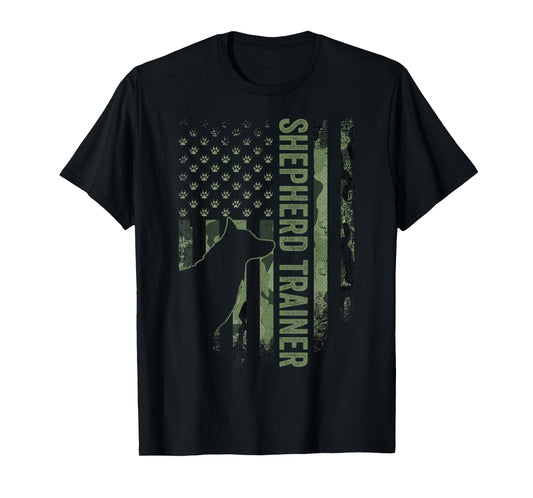 Vintage Camouflage USA Flag Shepherd Dog Trainer Silhouette T-Shirt