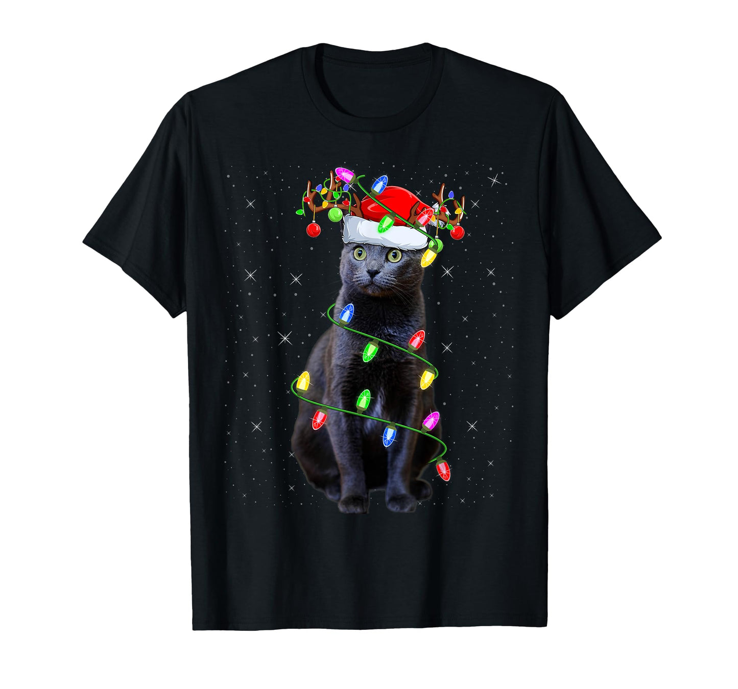 Cat Lover Xmas Lighting Santa Russian Blue Cat Christmas T-Shirt for Men Women Kids