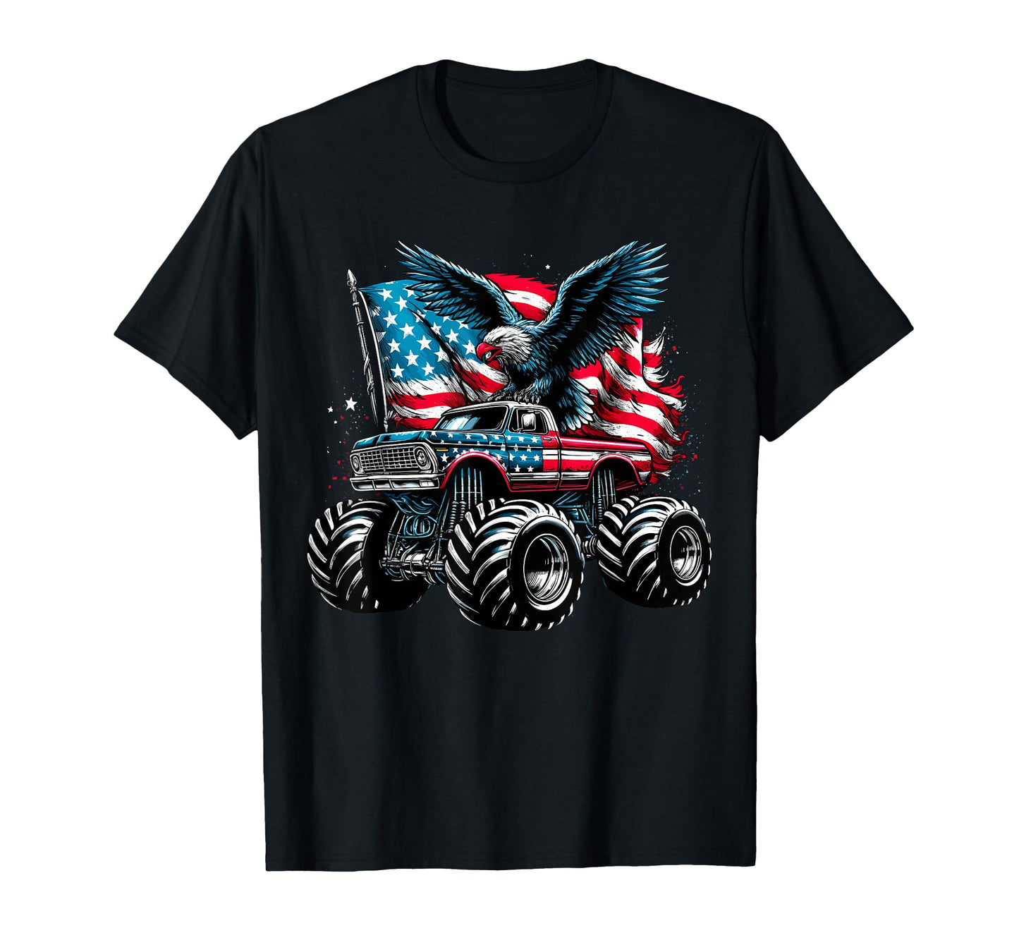 Monster Truck Bald Eagle 4th of July Boys American Flag T-Shirt