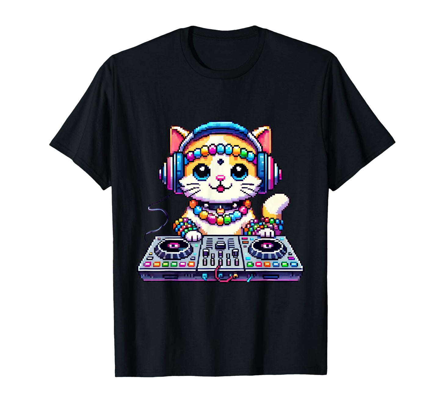 Funny Graphic Pixel Kandi DJ Cat Festival Rave EDM Party EDC T-Shirt for Men Women
