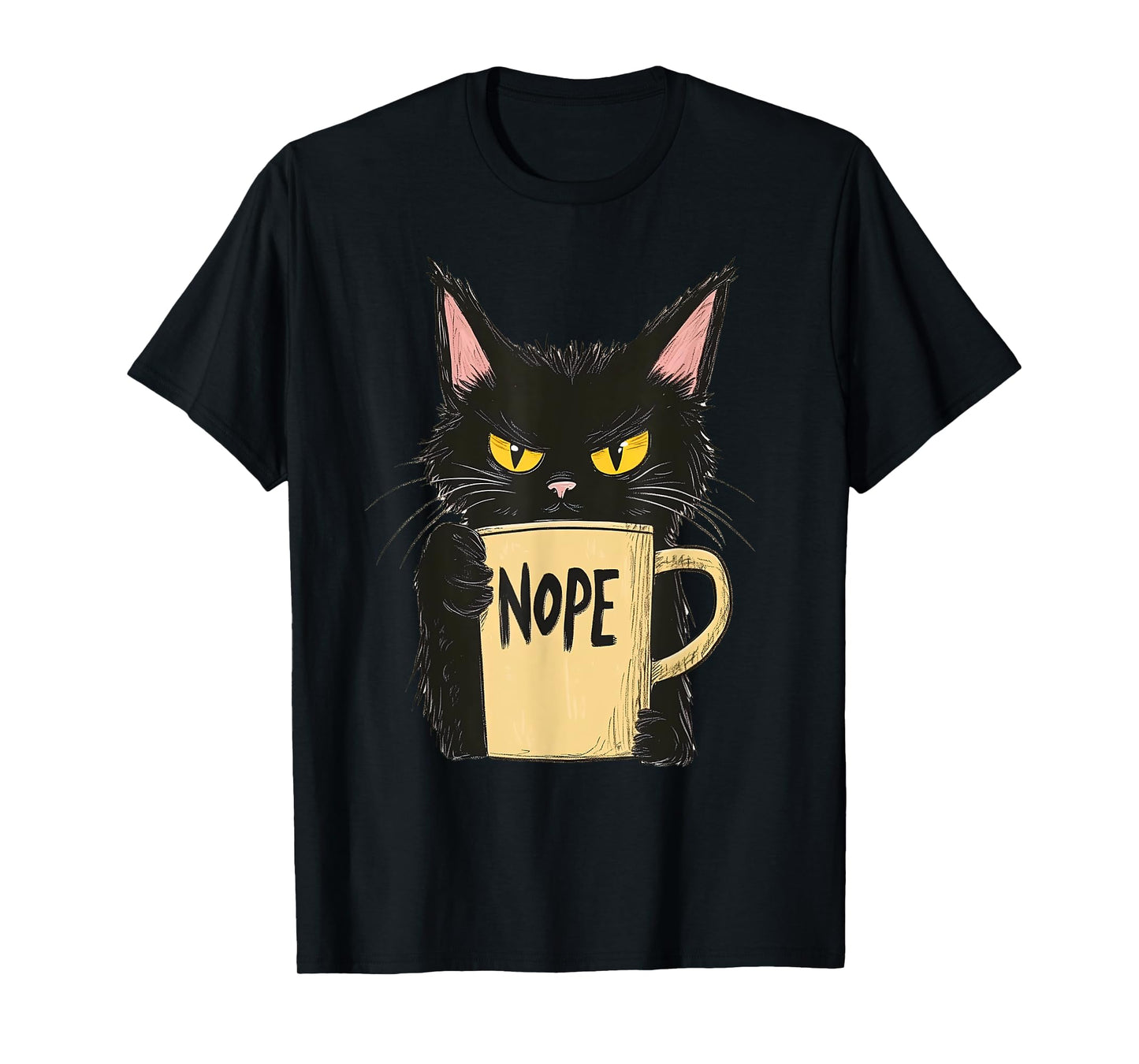 Funny Nope Cat - Black Cat with Coffee Mug T-Shirt