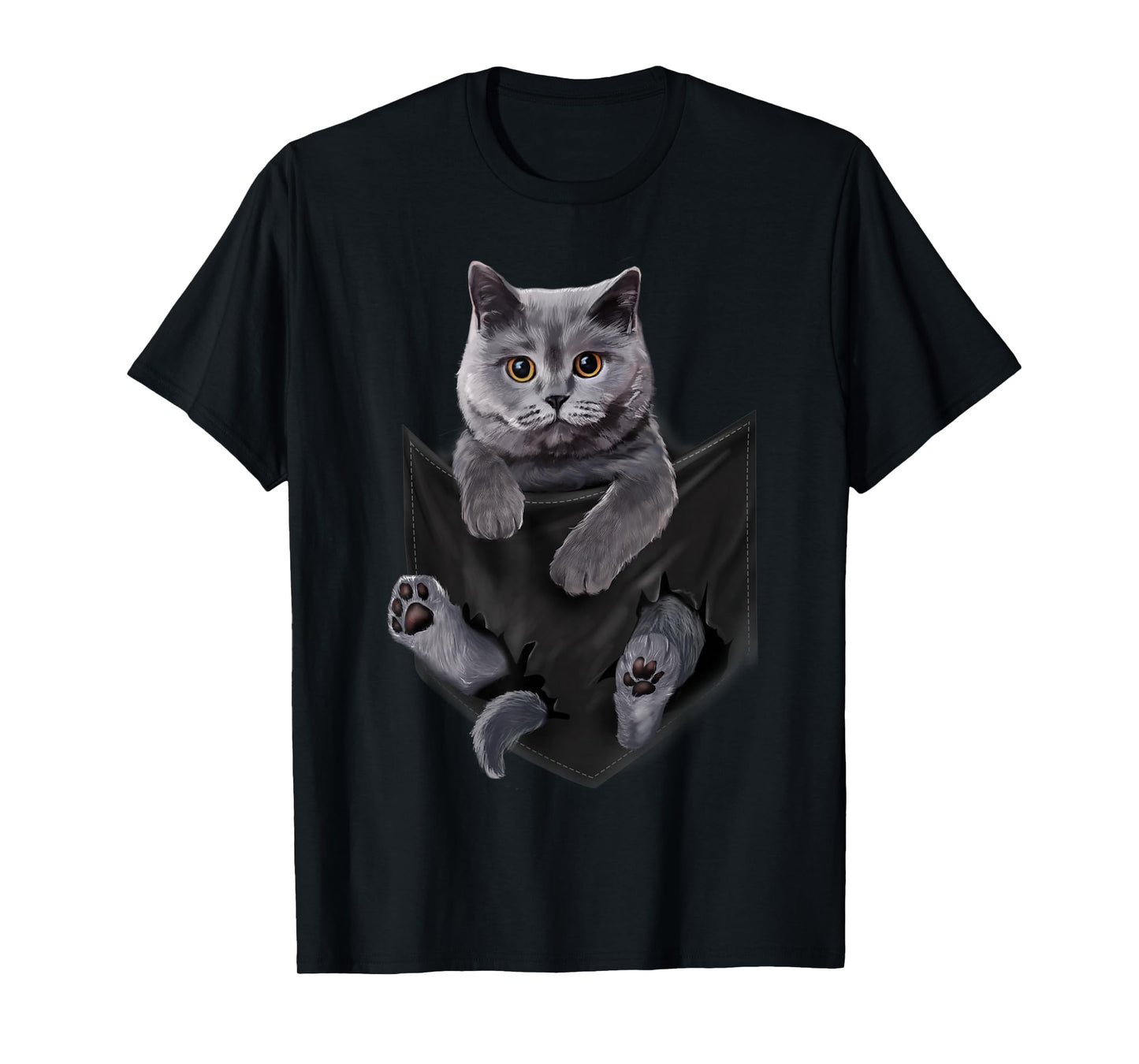 British Grey Cat in Pocket T-Shirt Cats Tee Shirt Gifts T-Shirt