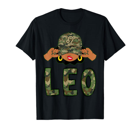 Leo Queen Black Woman With Camo Cap Afro Girl Zodiac T-Shirt