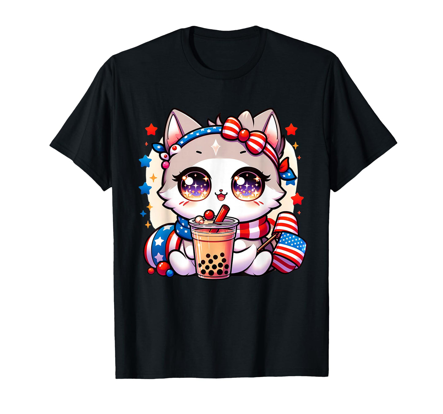 Cute 4th of July Cat Shirt Girls Kawaii Anime Boba Tea USA T-Shirt