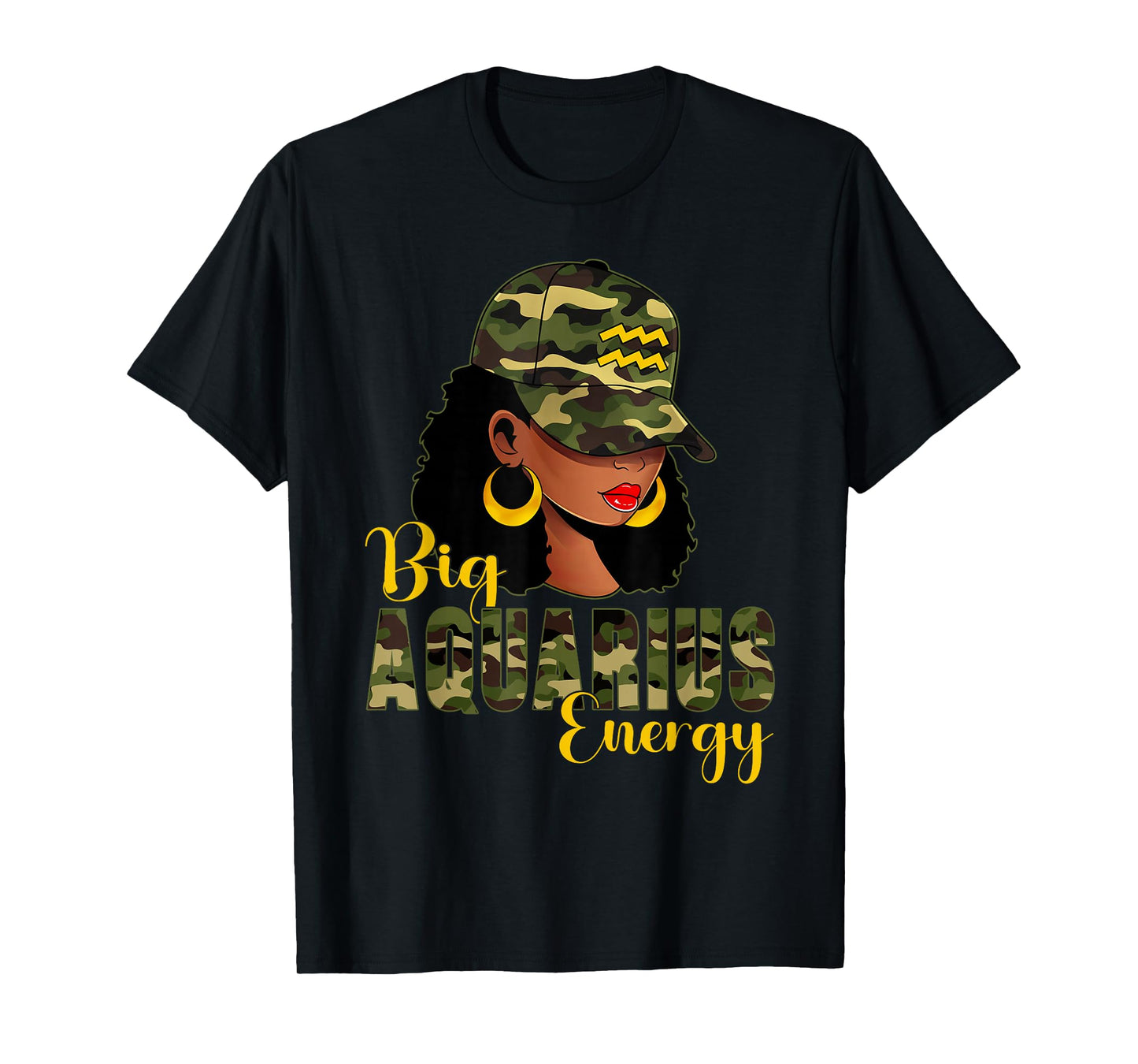 Big Aquarius Energy Camouflage Black Woman Cap Zodiac T-Shirt