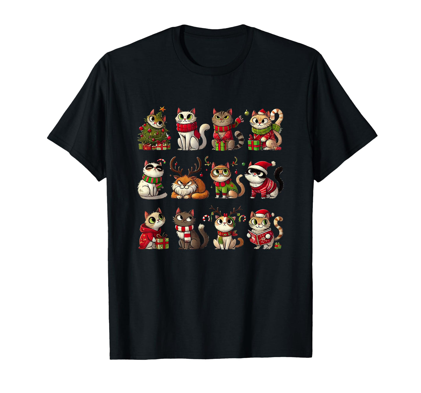 Cat Christmas Shirt Reindeer Santa Xmas Holiday Men Women T-Shirt