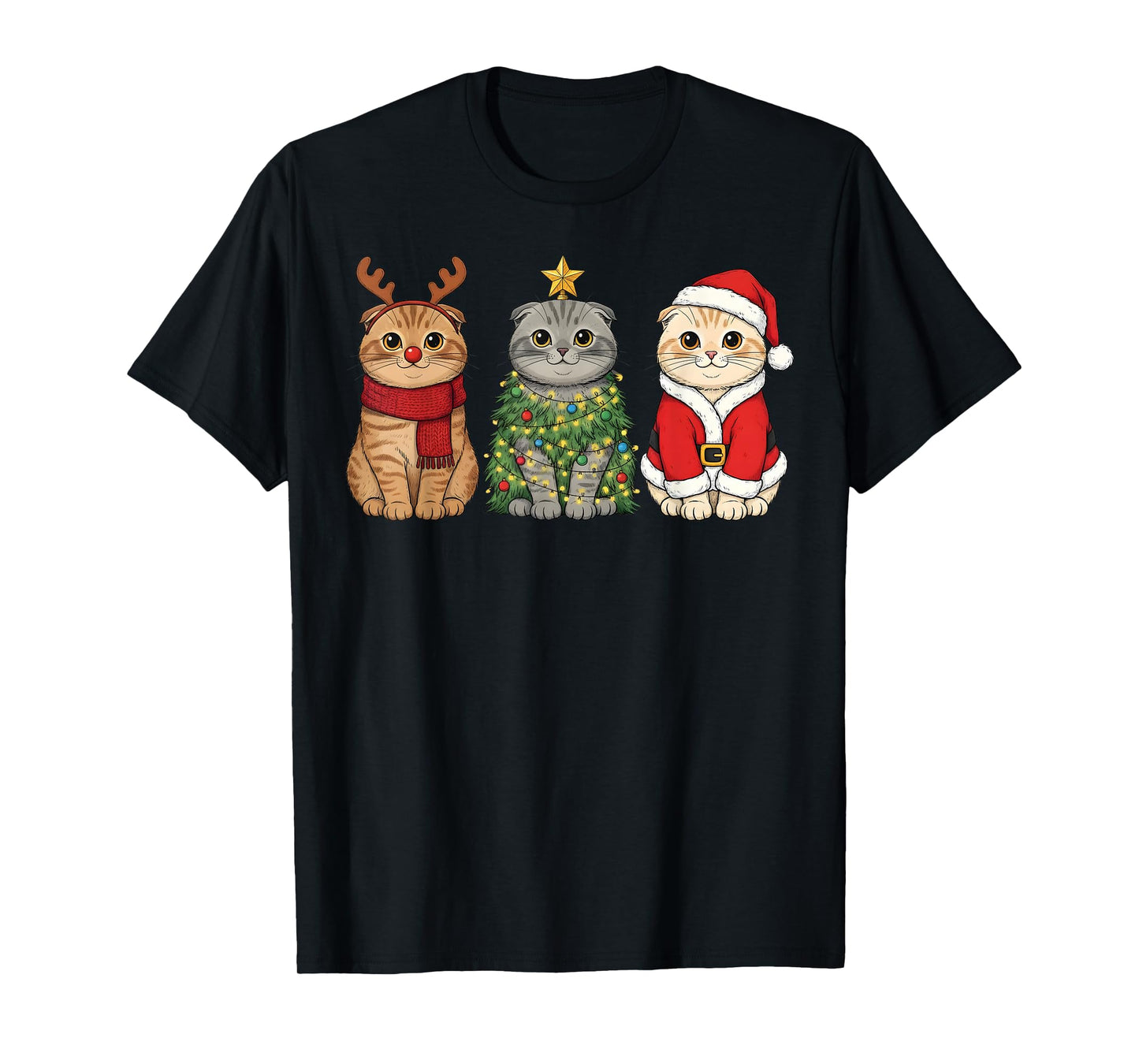 Retro Christmas Scottish Fold Cat Santa Reindeer T-Shirt