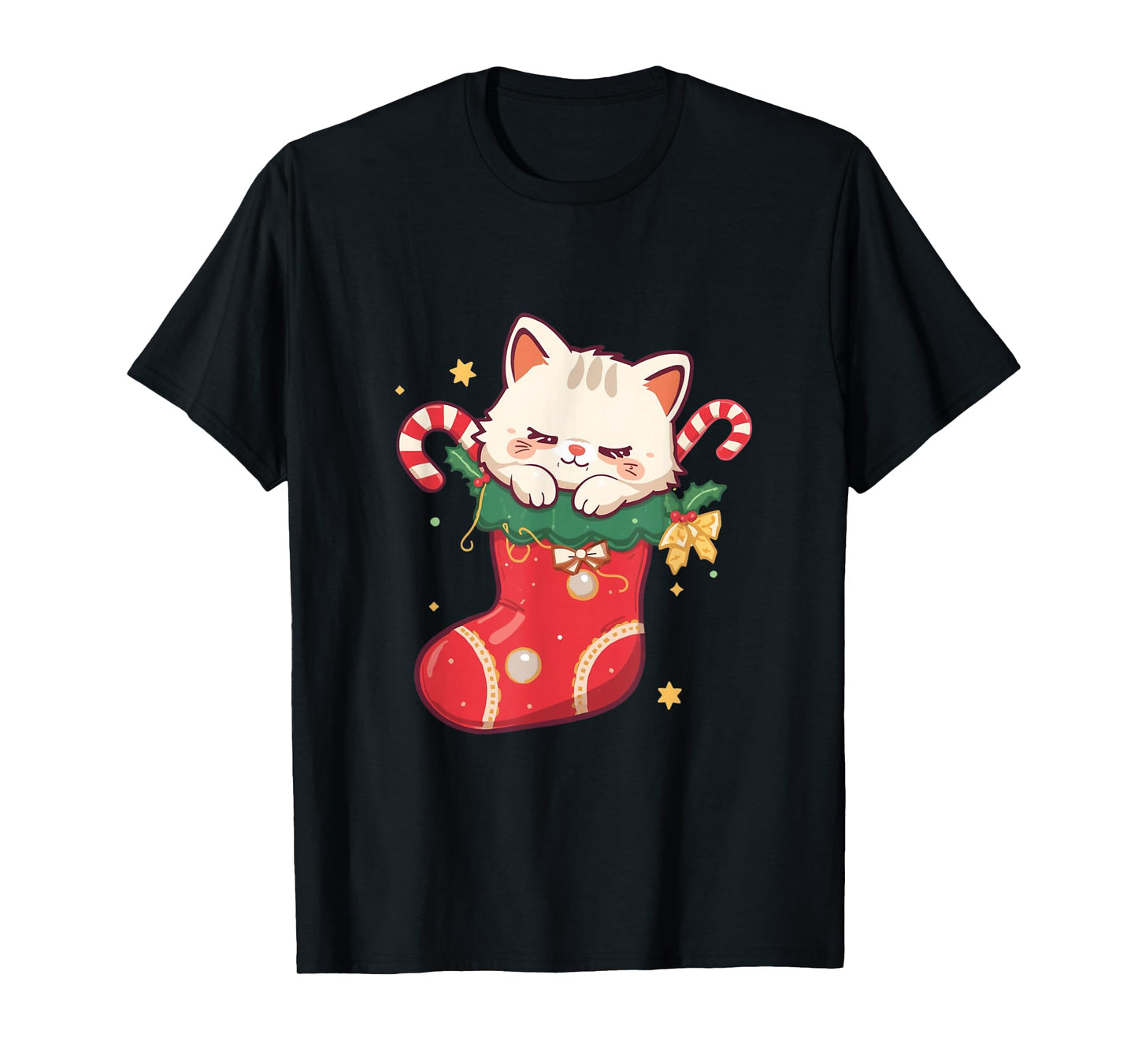 Cute Cat in Christmas Stocking Kawaii Anime Xmas Gift T-Shirt