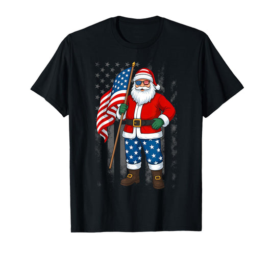 Santa USA American Flag Christmas In July Happy 4th Of July T-Shirt
