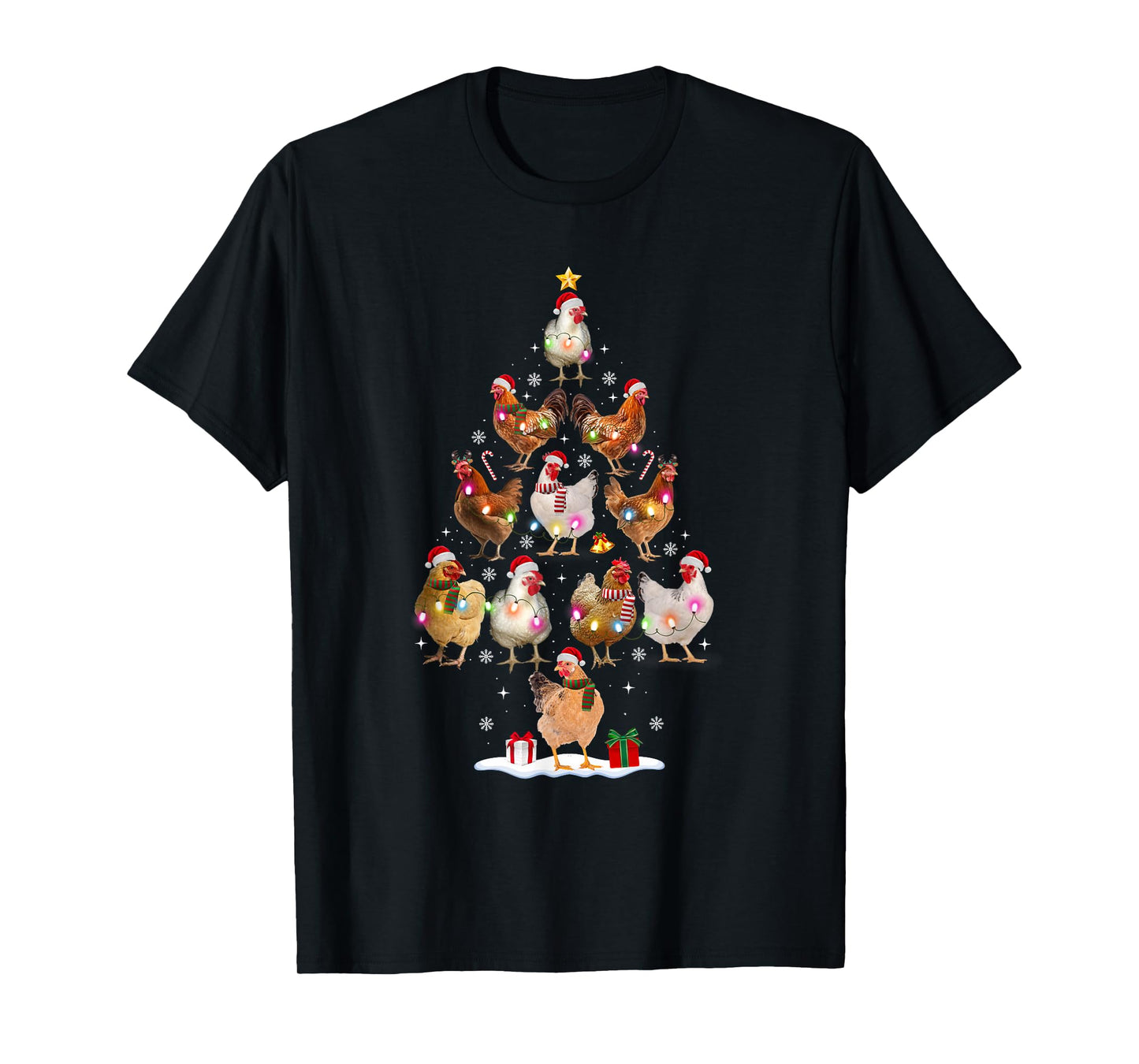 Chicken Christmas Tree Lights Santa Hat Funny Xmas Pajamas T-Shirt