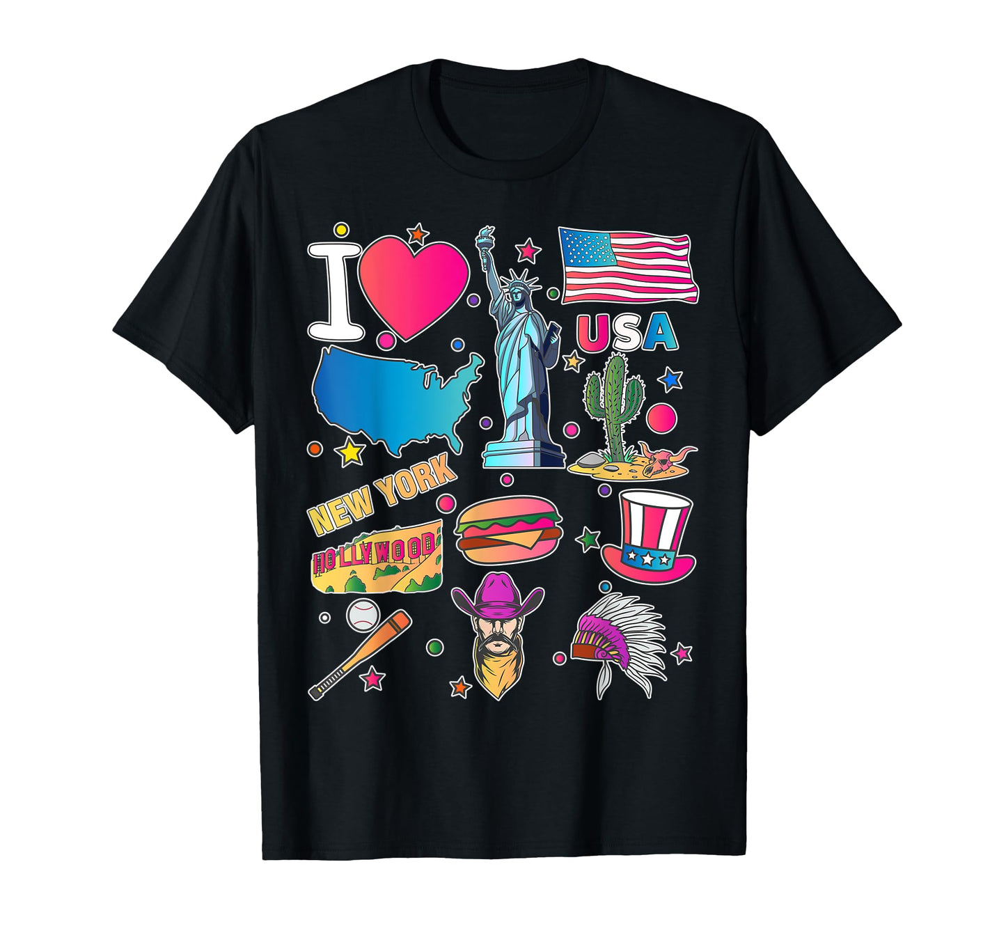 hand drawn American travel symbols, USA map, Cultural icons T-Shirt