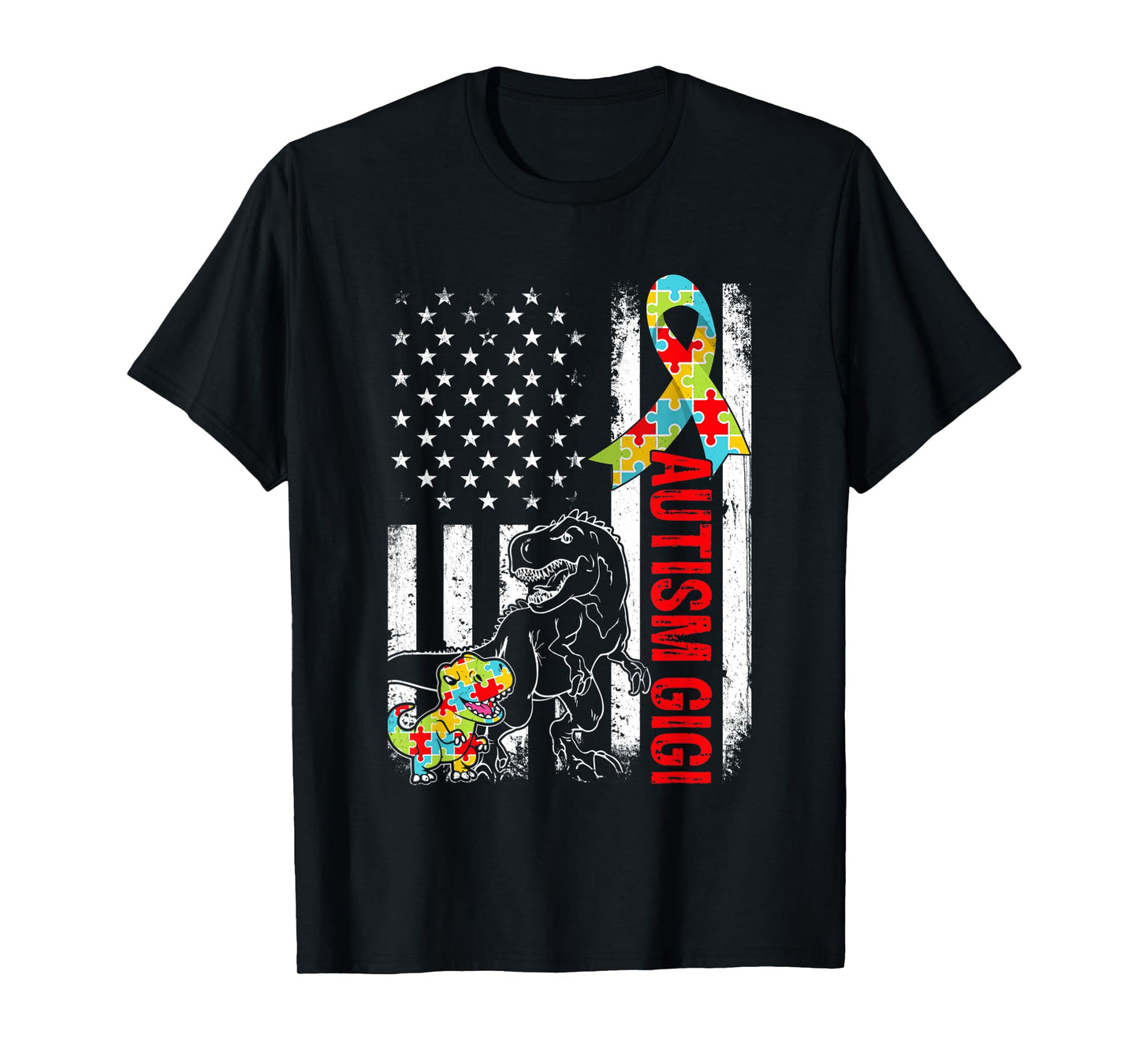 American Flag Autism Gigi Dinosaur Awareness Autistic Women Kids Men T-Shirt