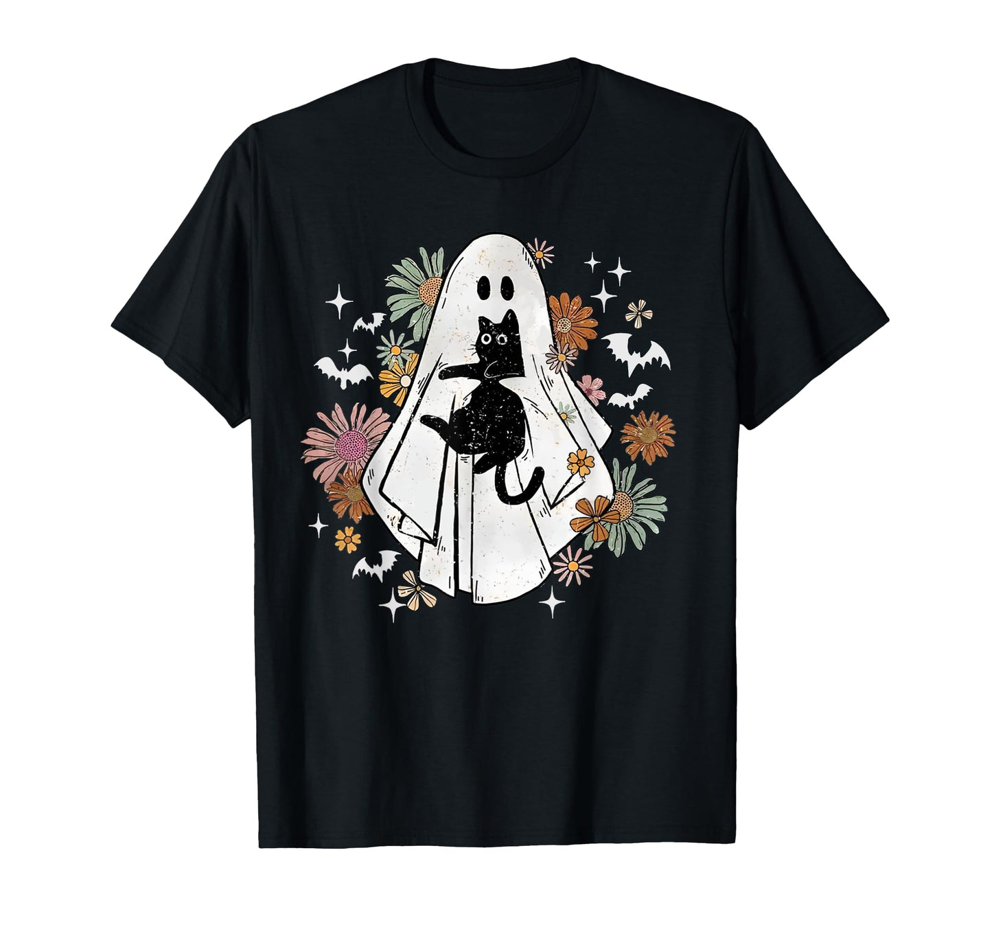 Spooky Ghost Holding Black Cat Groovy Floral Halloween Goth T-Shirt