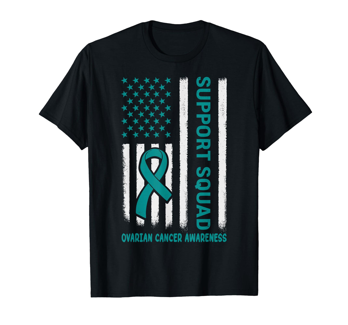 Ovarian Cancer Support Squad Teal Ribbon US Flag Awareness T-Shirt