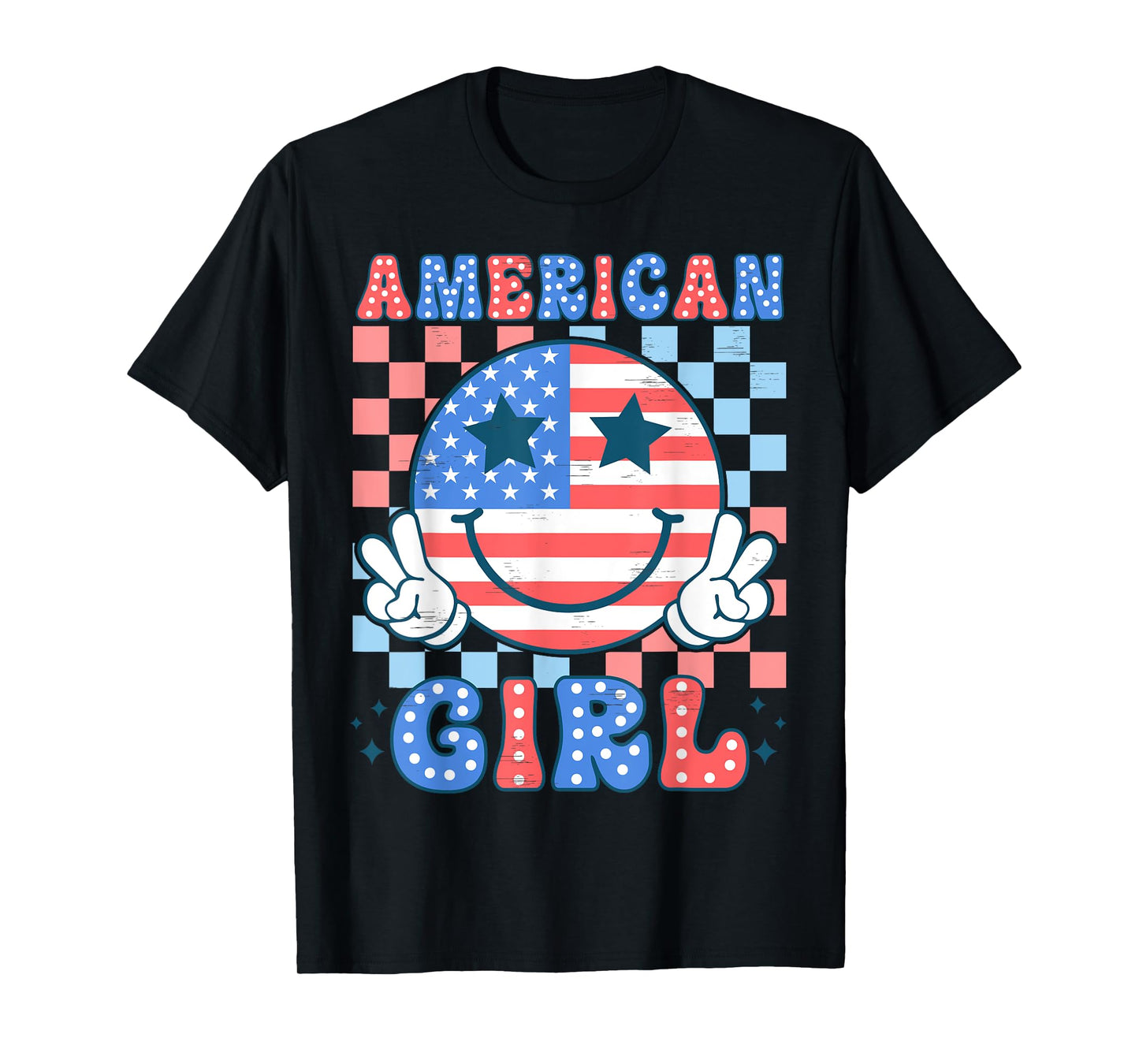 Happy Face USA Flag Patriotic American Girls Kid 4th of July T-Shirt