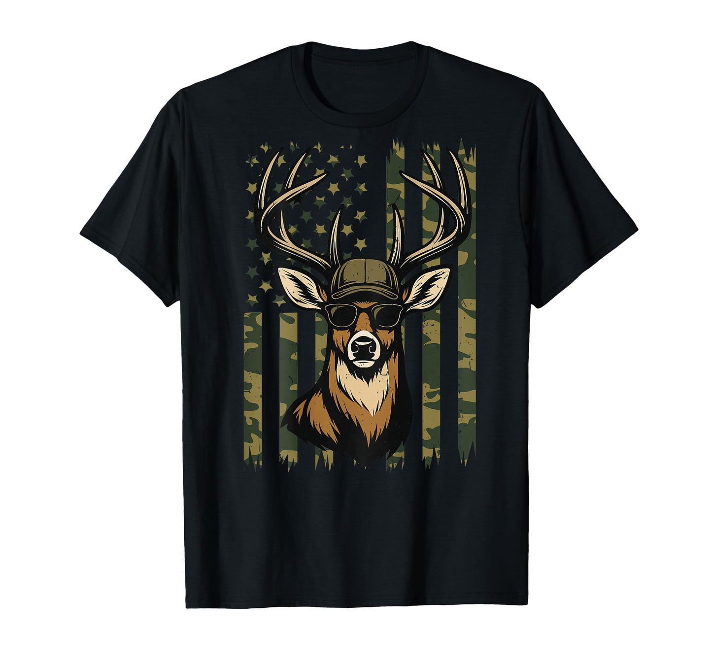 Men Camo Deer Hunting American Flag Whitetail Buck Youth Boy T-Shirt