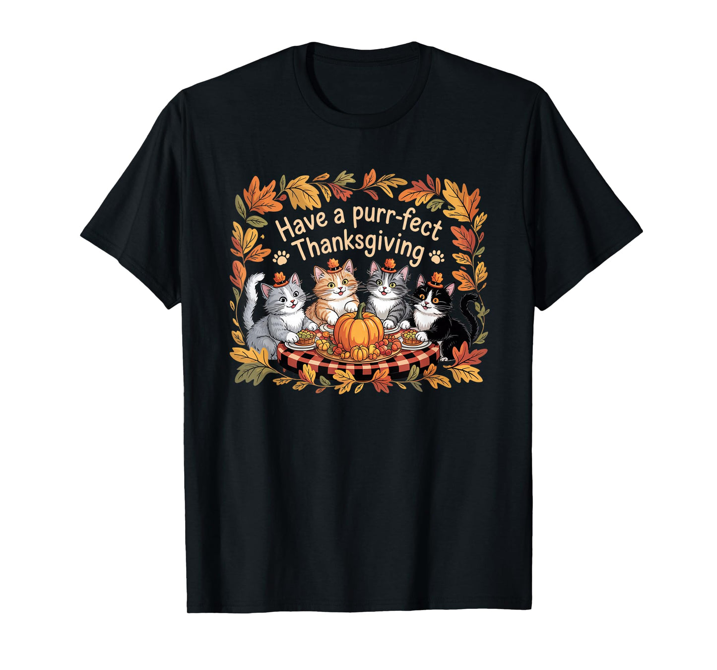 Thanksgiving Cats Dinner Vintage Feat Fall Men Women Kids T-Shirt