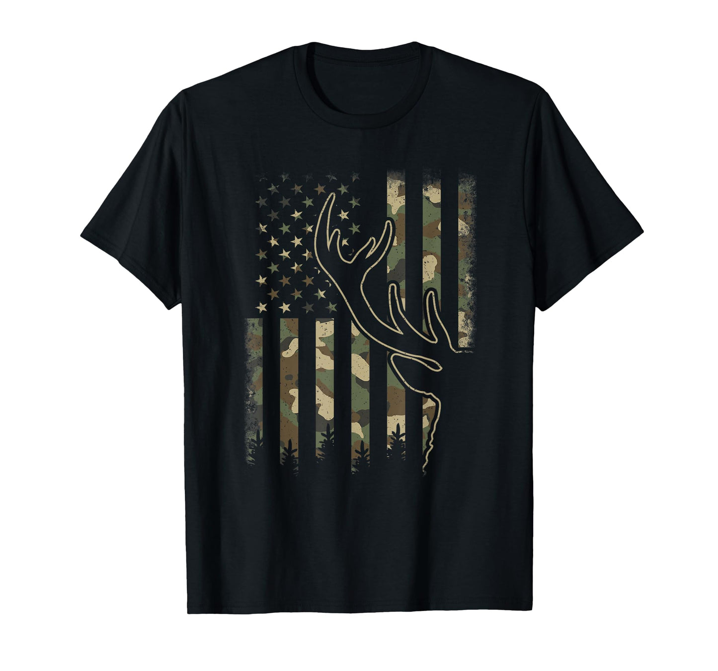 Camo US Flag Elk Buck Camouflage Deer Hunting Hunter Men T-Shirt