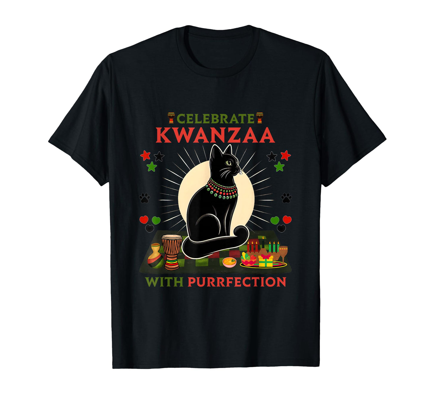 Kwanzaa Kinara Black Cat Christmas African American Holiday T-Shirt for Men Women Kids