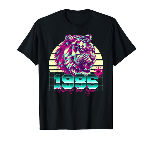 1986 Year of the Tiger Retro Vaporwave Sunset Chinese Zodiac T-Shirt