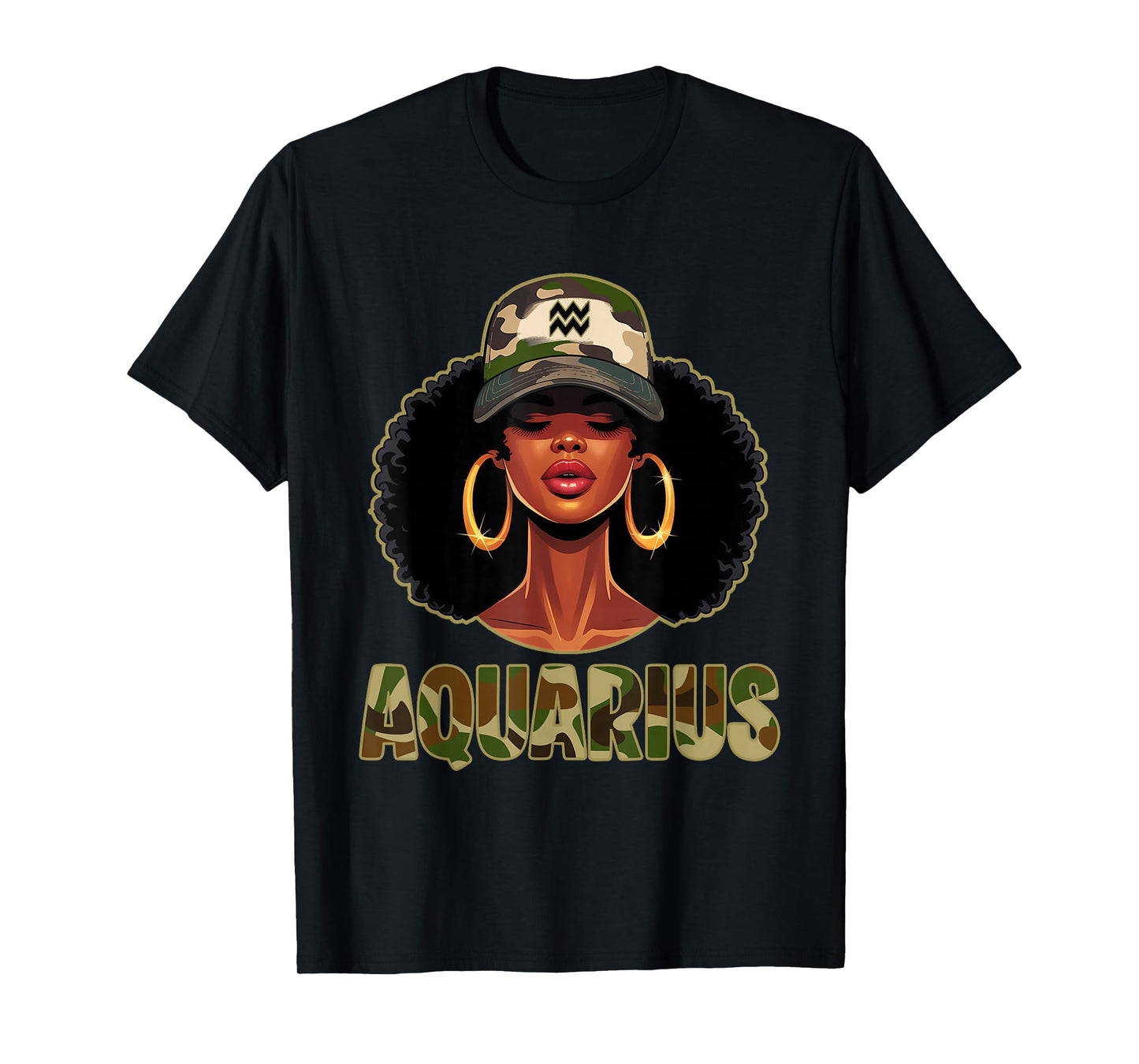Aquarius Queen Black Woman with Cap Camo Afro Girl Zodiac T-Shirt