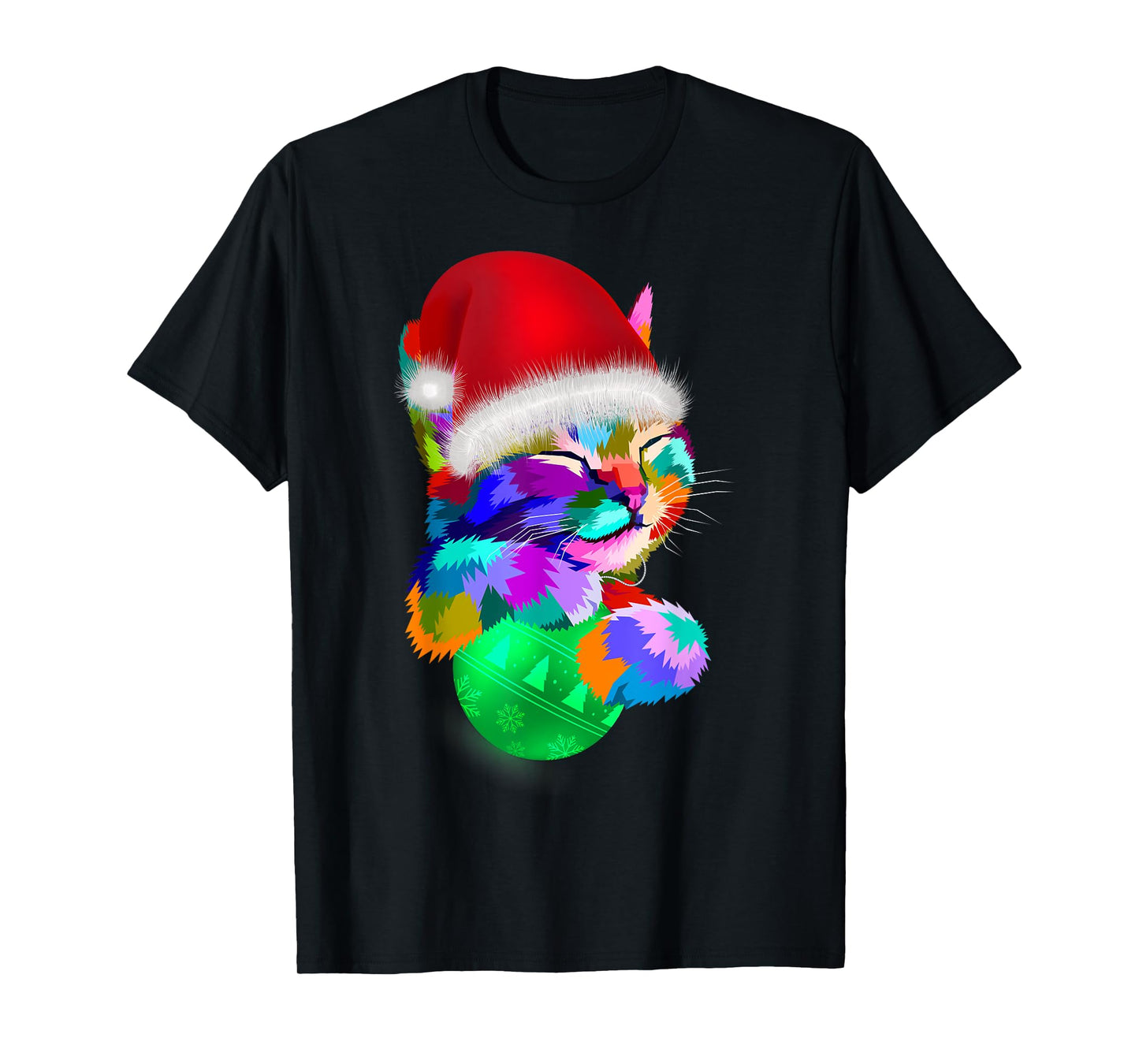 Cute Cat Colourful Funny Santa Hat Christmas Ball Costume T-Shirt for Men Women Kids